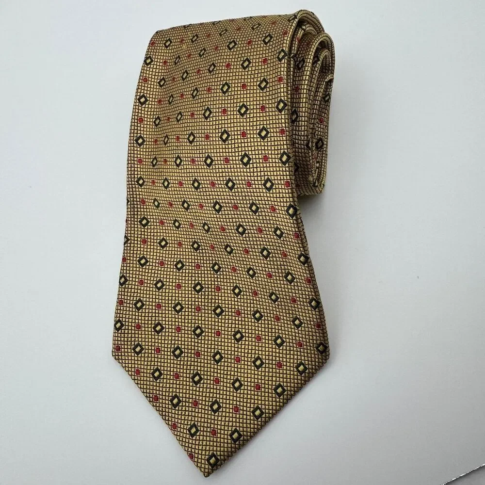 Jos A Bank Premier Collection Tie Men's Gold Yellow Navy Red Geometric Silk USA
